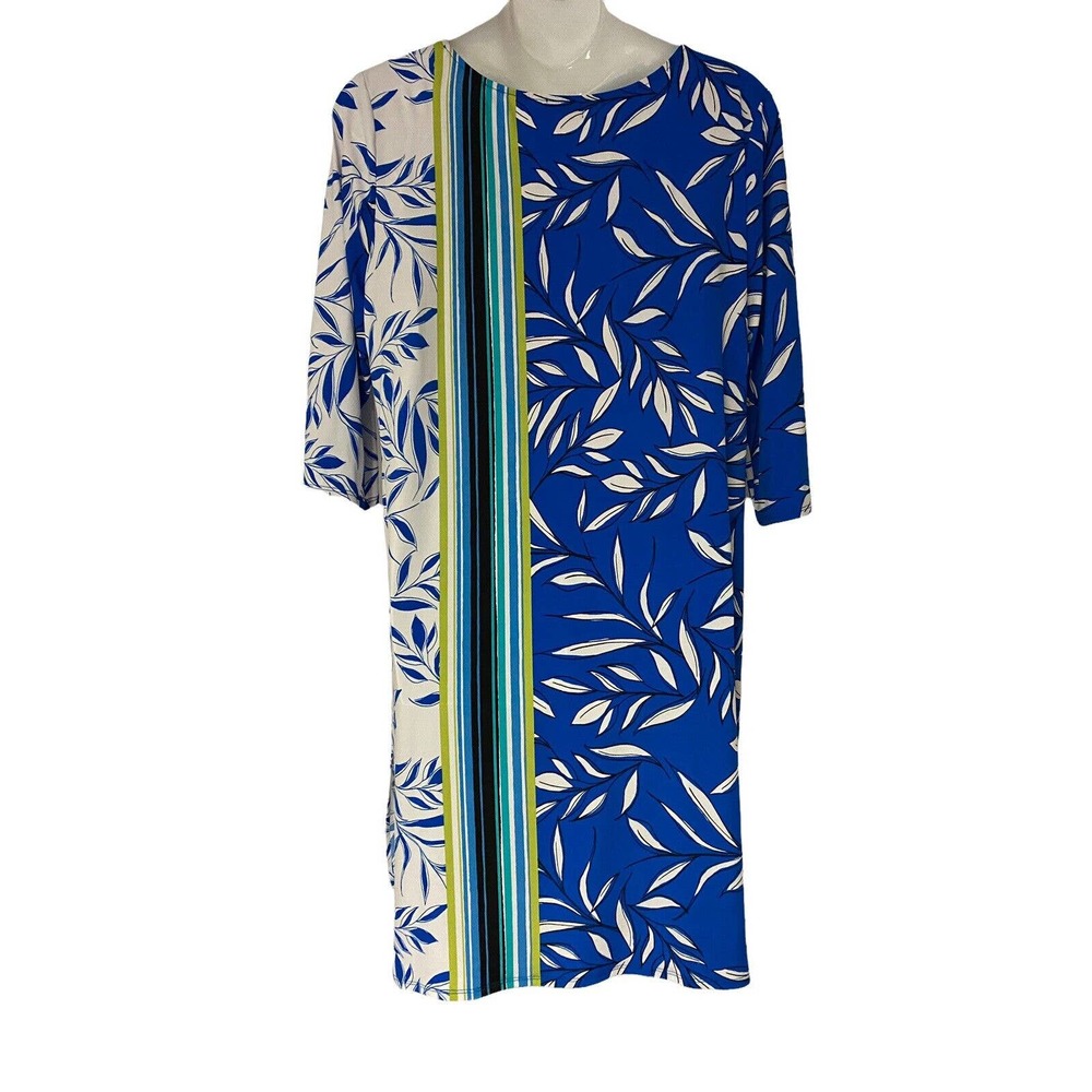 SOLD!  Mixed Leaf Print Calf Length Tunic size 2X Monroe & Main Blue White Top - Picture 4 of 9